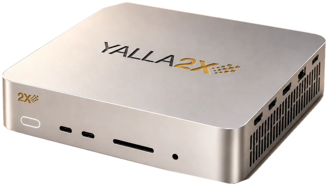Yalla2x Box, a silver compact AI computer (illustrative render)