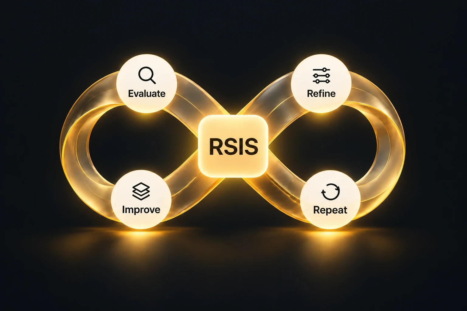 RSIS at the centre of a glowing gold infinity loop, with its four steps around it: Evaluate, Refine, Improve and Repeat